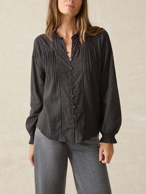 FAHERTY Lily Organic Cotton Button-up Shirt In Washed Black Ruffled Button-Up L